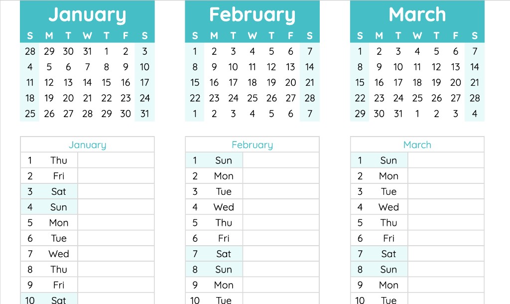 Pillar calendar with month grids and day lists
