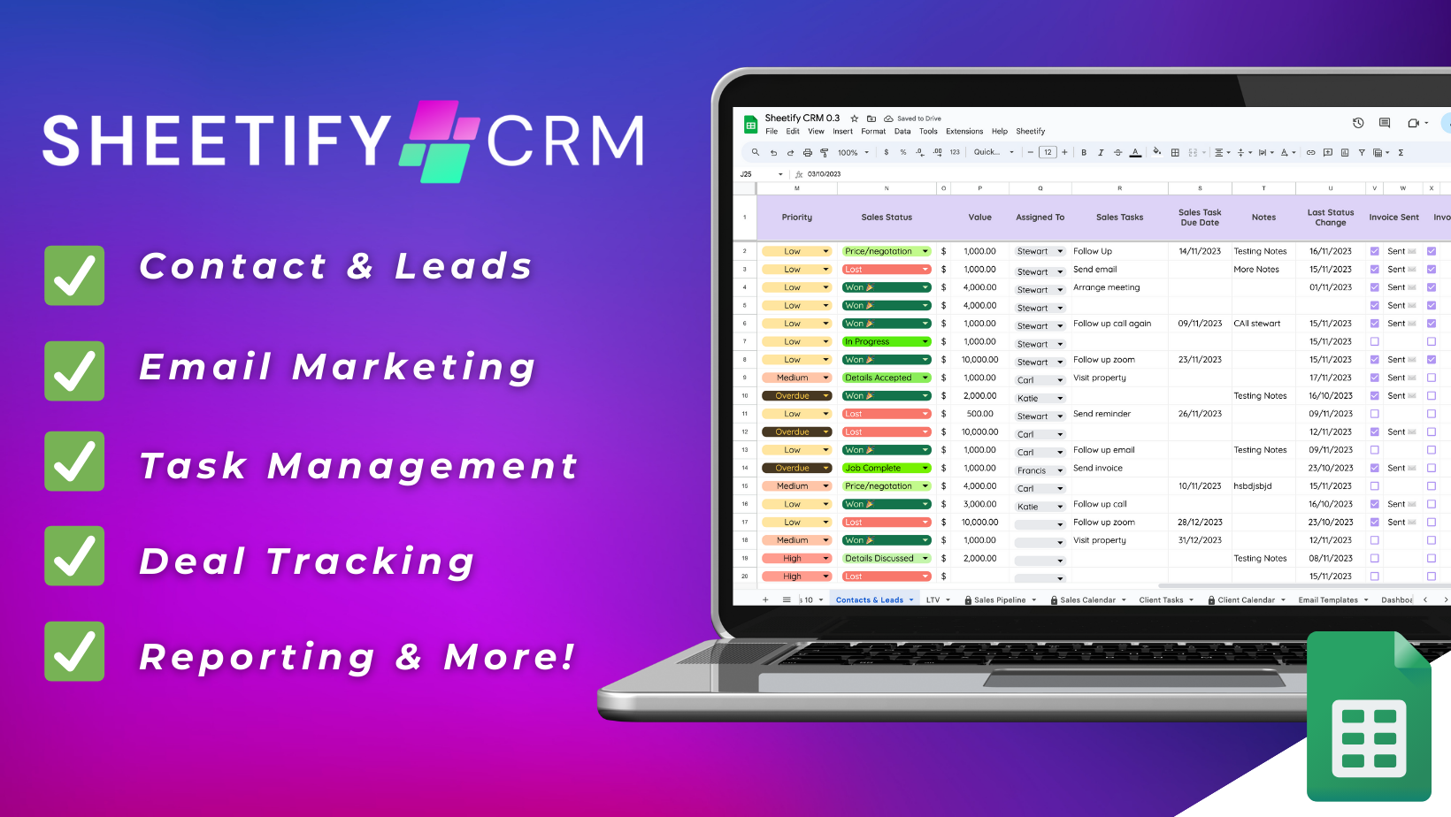 Sheetify CRM homepage: Google Sheets CRM and business toolkit