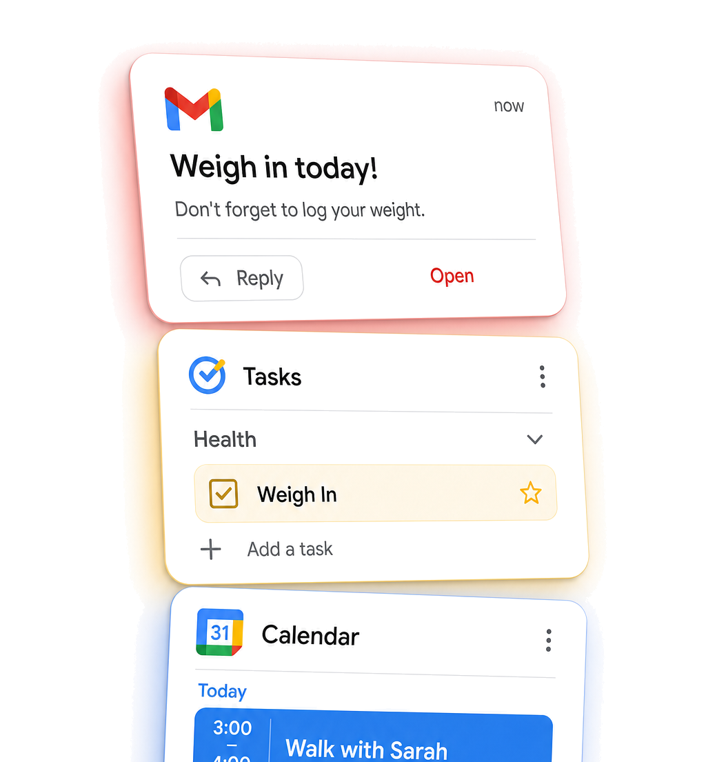 Gmail, Tasks, and Calendar weigh-in reminders stacked together