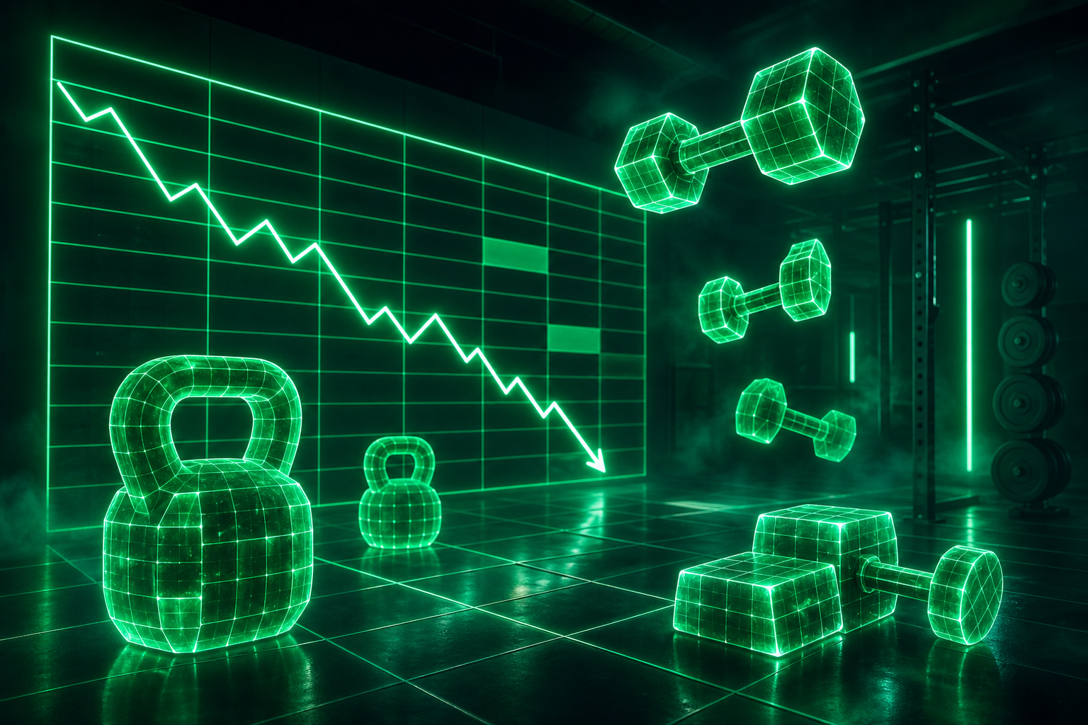 Neon gym scene with spreadsheet grid, visualizing daily weight logging habits